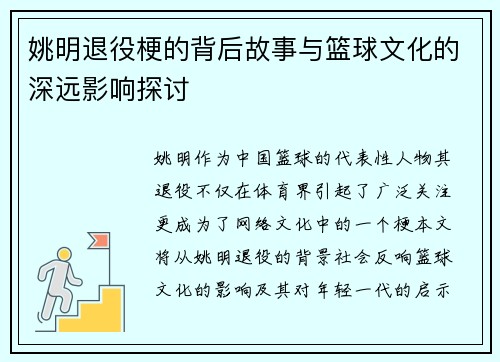 姚明退役梗的背后故事与篮球文化的深远影响探讨